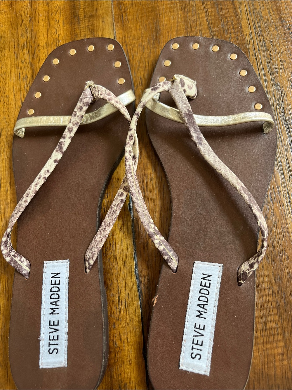 Steve Madden Brown Snake-Print Toe-Strap Sandals with Gold Accent